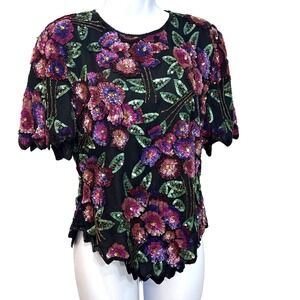 Vtg Laurence Kazar Silk Sequin Top Women PM Forest Fairy Grunge Glam 90s Shimmer